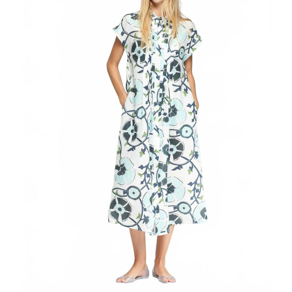 NEW VILAGALLO jaretas midi dress in flor azul lino print